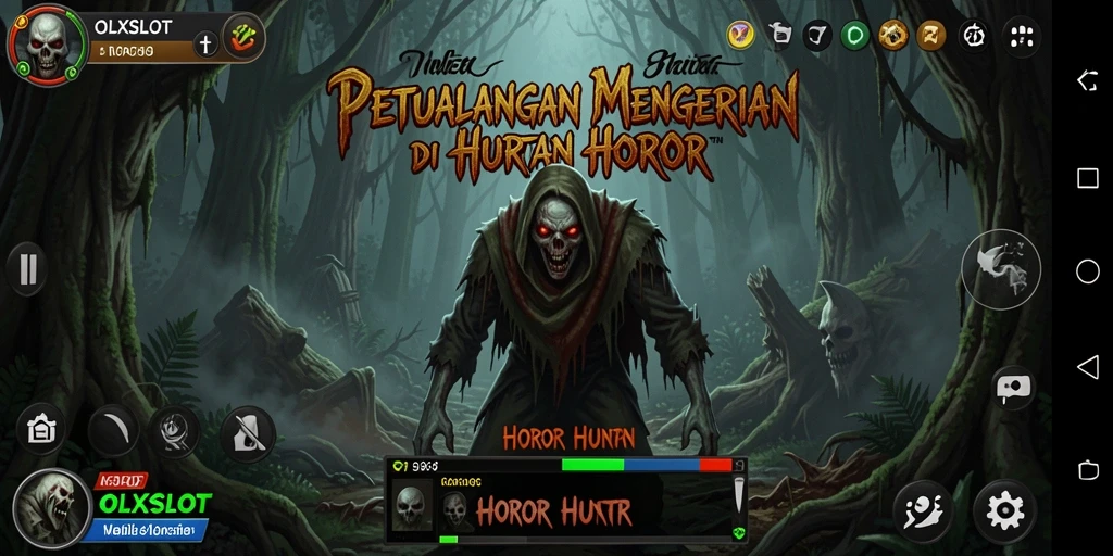 Tampilan antarmuka OLXSLOT yang mencekam saat bermain di Hutan Horor.