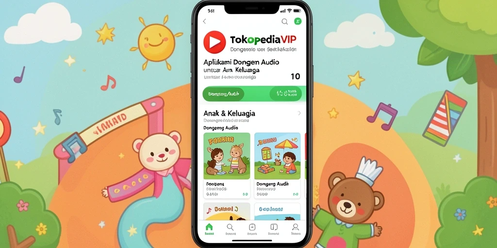 Antarmuka menarik TOKOPEDIAVIP untuk mendengarkan dongeng audio.